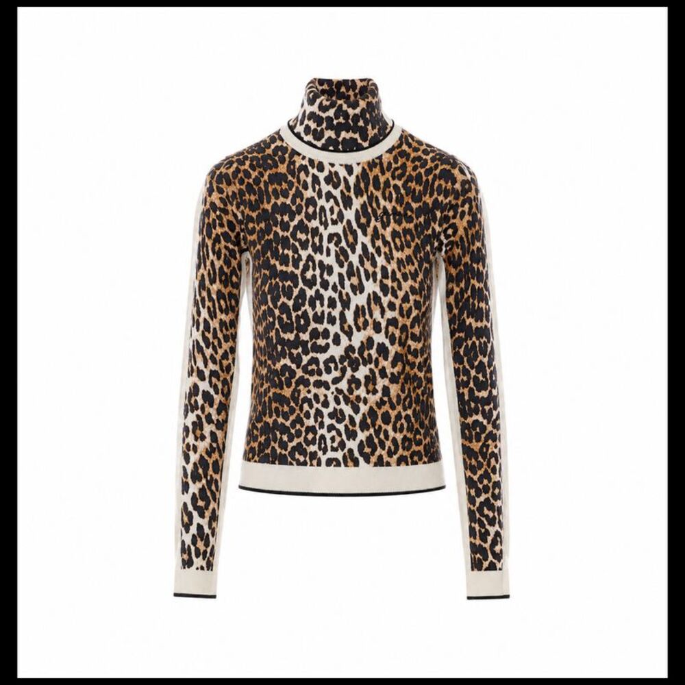 Ganni Women Leopard Print Turtleneck Sweater With Logo